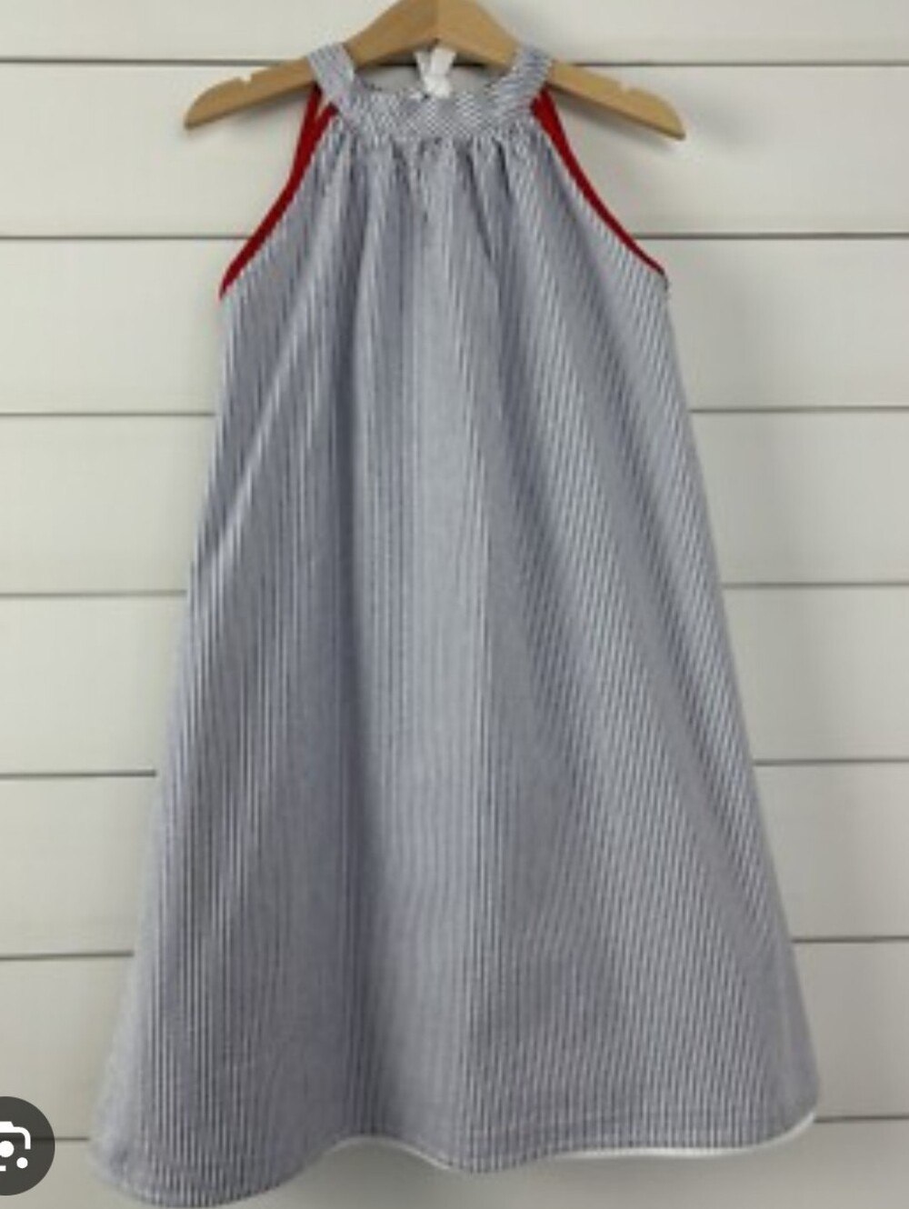 Girls Blue & White Pinstripe Halter Dress with Red Trim